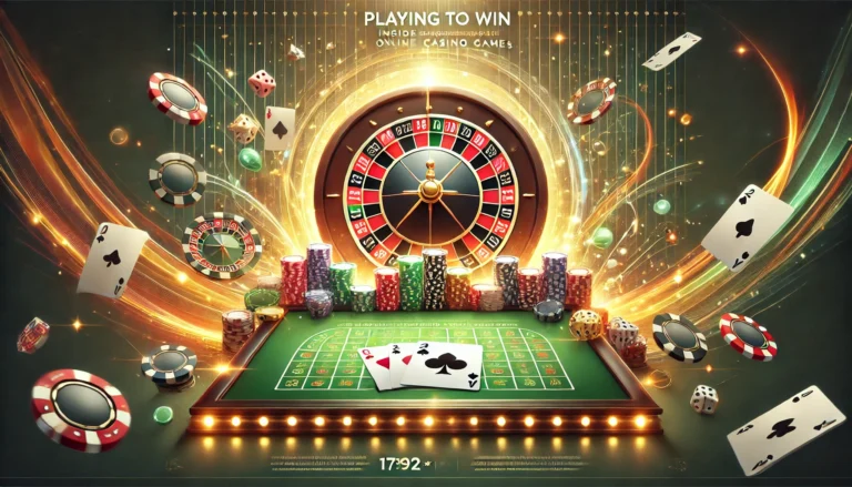 DALL·E 2024-12-22 19.47.38 - A dynamic and engaging poster for 'Playing to Win_ Insider Strategies for Online Casino Games'. The design features a casino table with poker chips, p