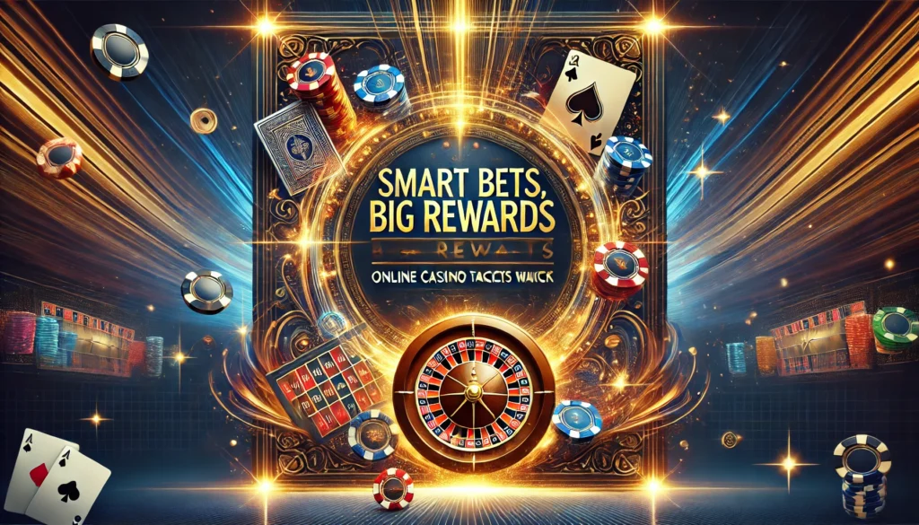 DALL·E 2024-12-22 19.52.49 - A bold and dynamic poster for 'Smart Bets, Big Rewards_ Online Casino Tactics That Work'. The design showcases vibrant casino elements like poker chip