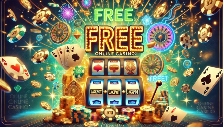 DALL·E 2024-12-24 16.27.16 - A lively and inviting poster design promoting free play on online casinos. The background features glowing slot machines, poker chips, and playing car