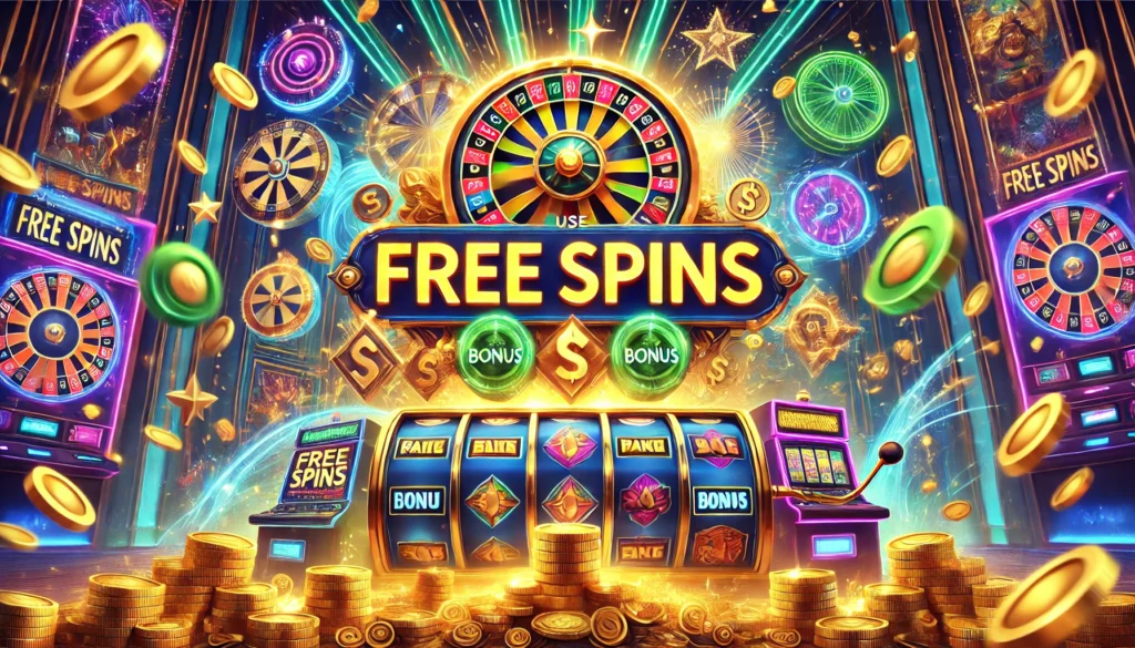 DALL·E 2024-12-24 16.34.47 - A vibrant and exciting poster design themed around using free spins to win big on online slots. The background features spinning reels, glowing slot m