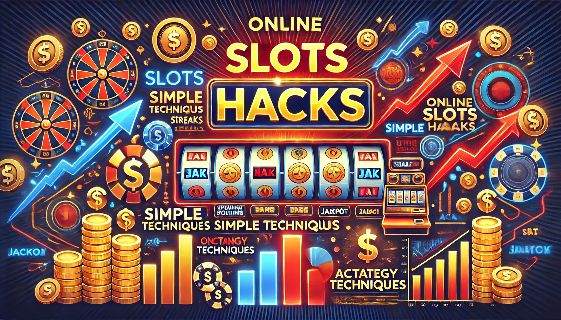 DALL·E 2024-12-24 16.38.10 - A bold and energetic poster design themed around online slots hacks, featuring simple techniques to improve winning streaks. The background includes g