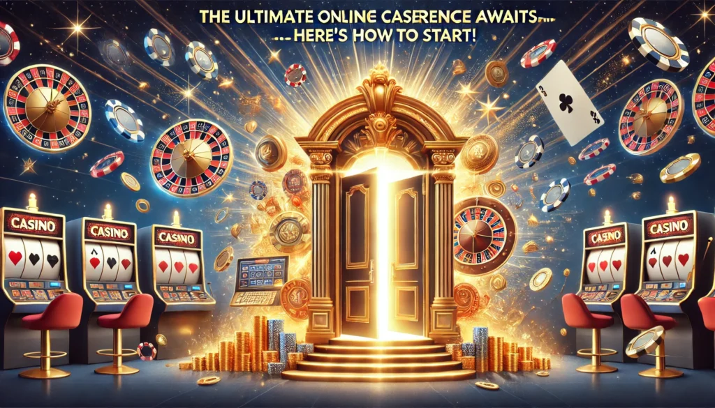 DALL·E 2024-12-28 15.51.57 - An exciting and luxurious poster for the theme 'The Ultimate Online Casino Experience Awaits—Here’s How to Start!' The design should feature a glowing