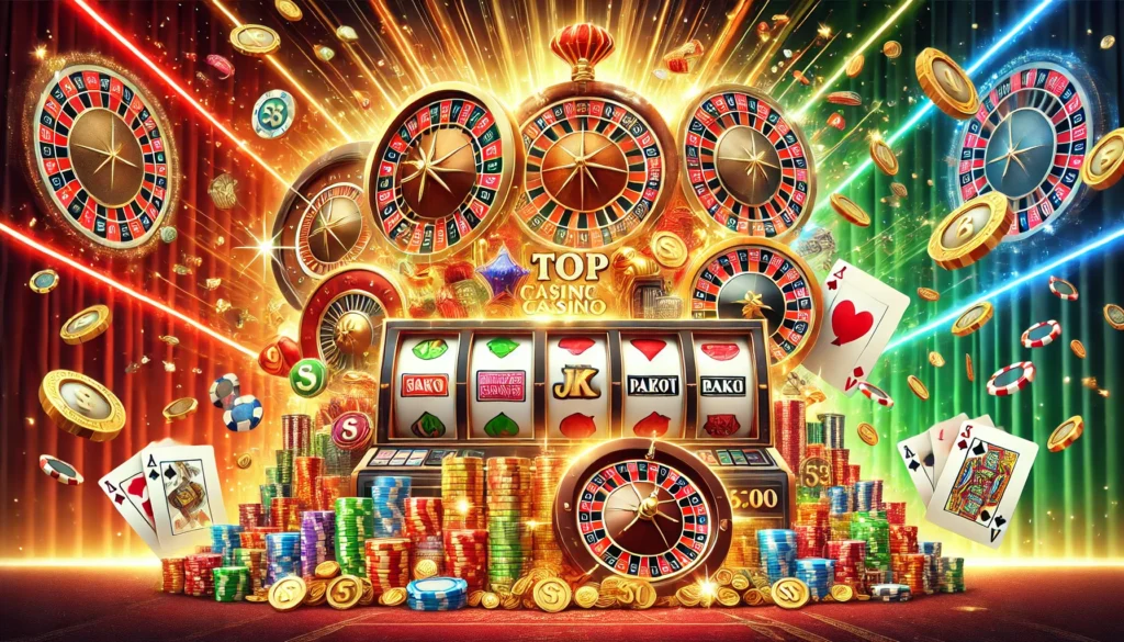 DALL·E 2025-01-10 17.03.43 - A vibrant landscape-oriented poster design themed around top online casino games that offer big payouts. The design features glowing slot reels, roule