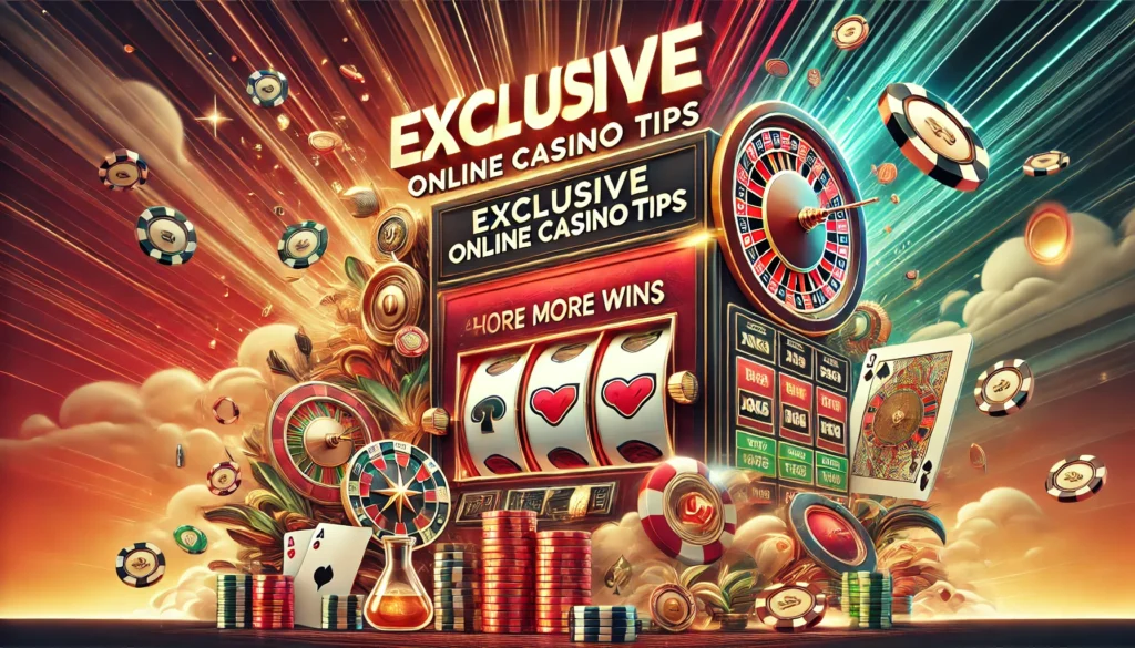 DALL·E 2025-01-10 17.12.05 - A vibrant landscape-oriented poster design themed around exclusive online casino tips for gamblers seeking more wins. The design features glowing slot