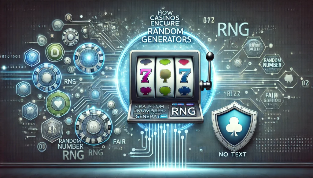 DALL·E 2025-01-15 16.53.23 - A sleek and informative poster revealing how casinos ensure fair play using Random Number Generators (RNGs). The design features a glowing slot machin