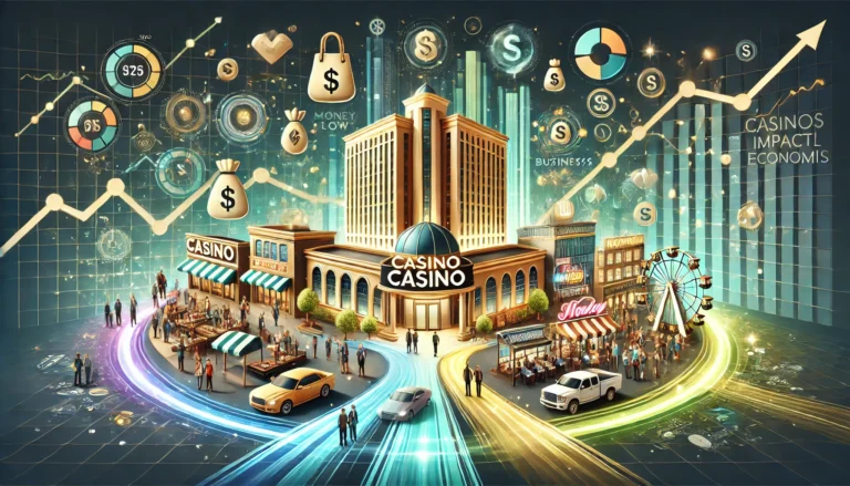 DALL·E 2025-01-15 16.55.55 - A professional and insightful poster illustrating how casinos impact local economies. The design features a large casino building surrounded by money