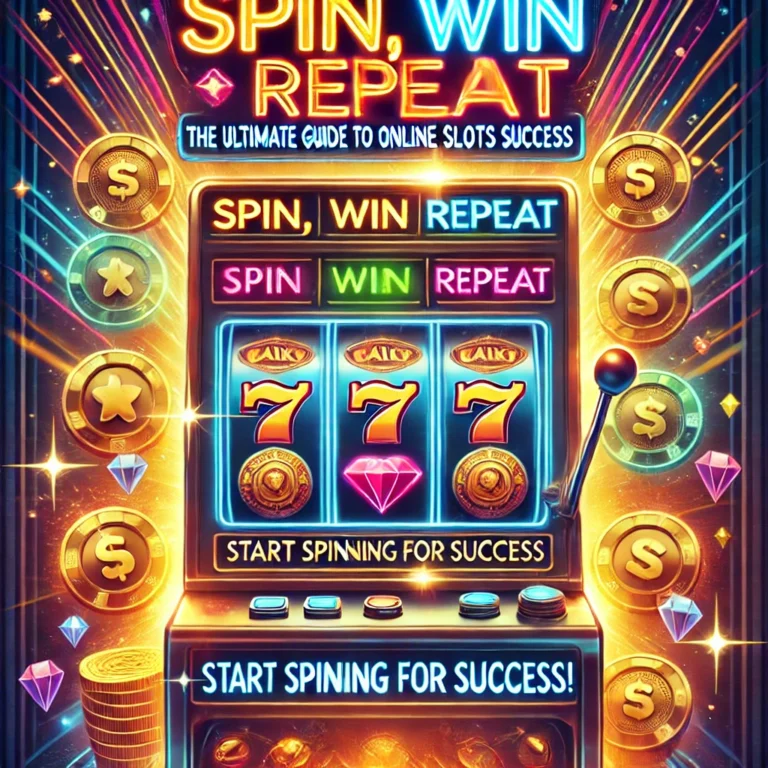 DALL·E 2025-01-17 16.55.41 - A vibrant and engaging poster for the title 'Spin, Win, Repeat_ The Ultimate Guide to Online Slots Success.' The background features a glowing slot ma