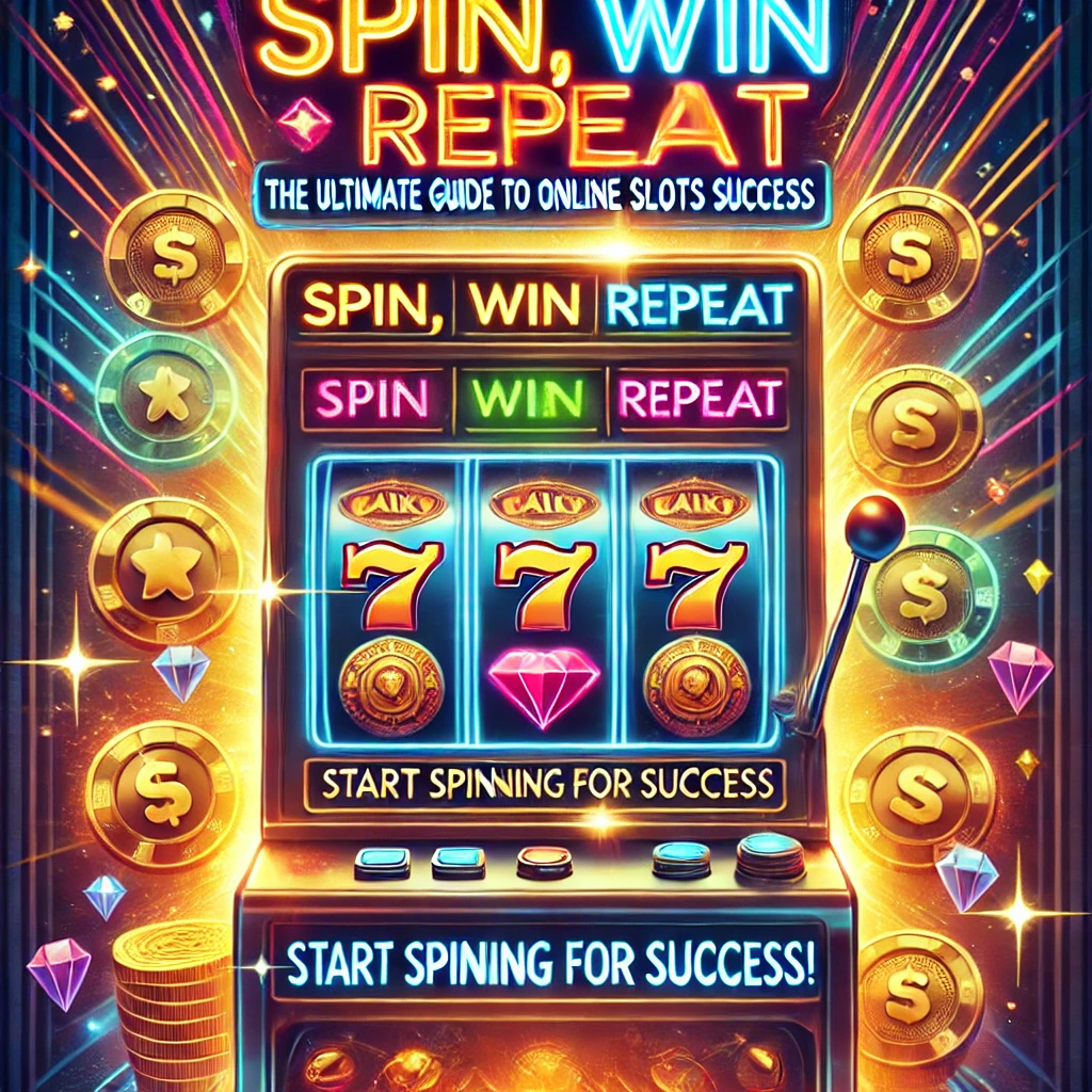 DALL·E 2025-01-17 16.55.41 - A vibrant and engaging poster for the title 'Spin, Win, Repeat_ The Ultimate Guide to Online Slots Success.' The background features a glowing slot ma