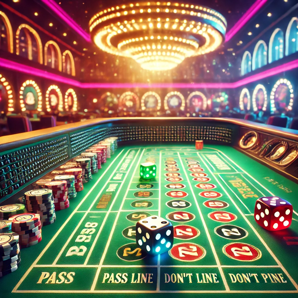 DALL·E 2025-02-28 16.43.38 - A high-quality casino-themed image featuring a craps table with dice mid-roll, glowing betting areas, and an exciting casino atmosphere. The table sho