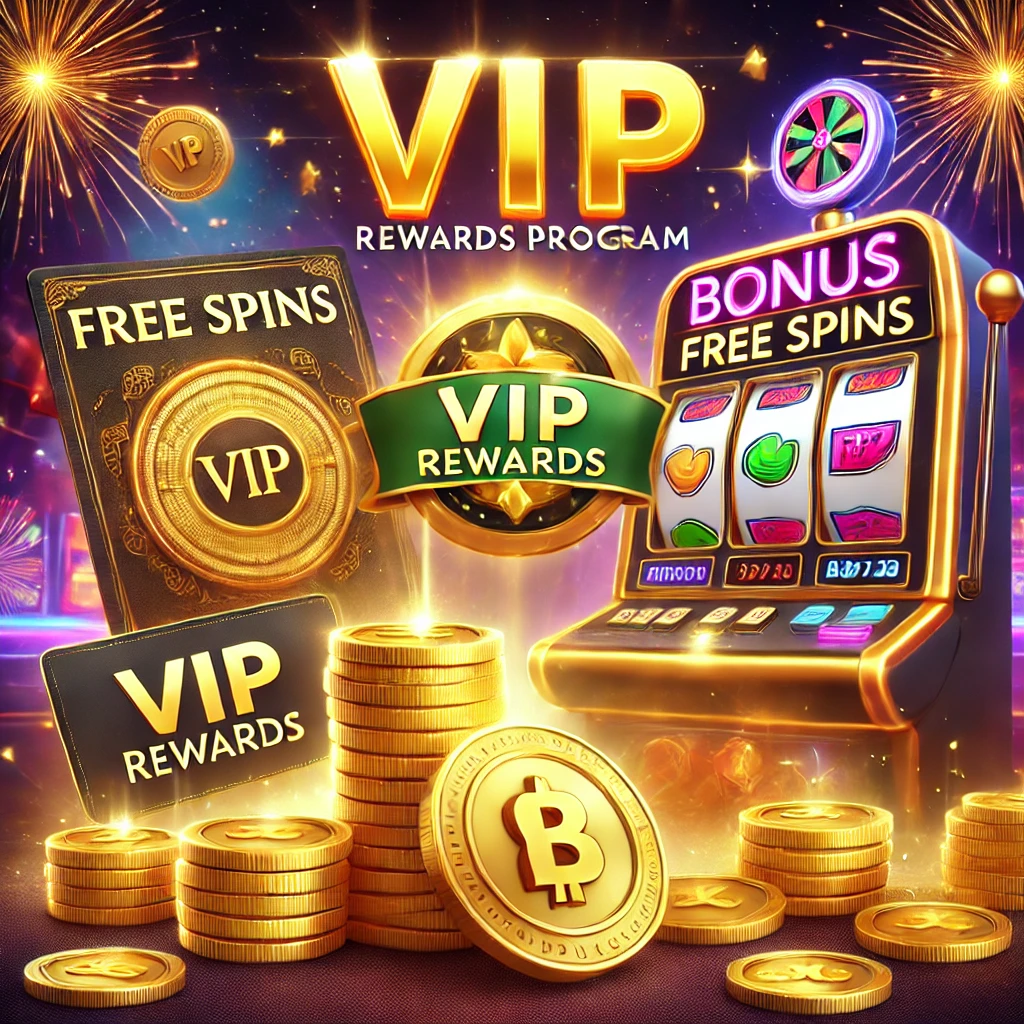 DALL·E 2025-02-28 16.50.18 - A high-quality casino-themed image featuring a vibrant VIP rewards program with gold coins, free spins, and a glowing 'Bonus' sign. The image should i